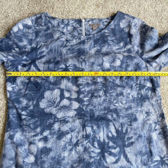 J Jill 3/4 Sleeves 100% Linen Shift Dress 10 Blue Hawaiian Tropical Palm Floral - Picture 10 of 15